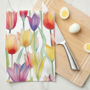 PRETTY WATERCOLOR PINK & ORANGE FLORAL TULIPS TEA TOWEL