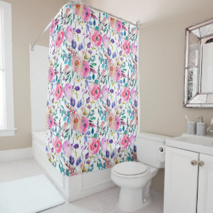 Pretty Watercolor Pink Purple Floral Shower Curtain