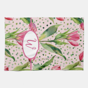 Pretty watercolor pink tulip floral  tea towel