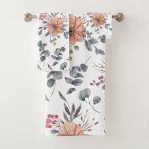 Pretty Watercolor Poinsettias and Eucalyptus  Bath Towel Set