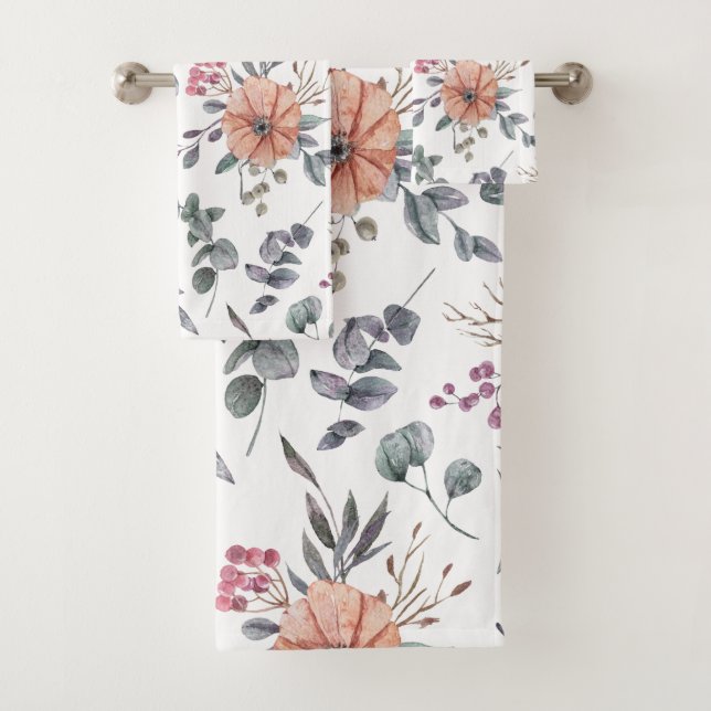 Pretty Watercolor Poinsettias and Eucalyptus  Bath Towel Set (Insitu)