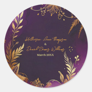 Pretty Watercolor Purple and Gold Floral Wedding Classic Round Sticker