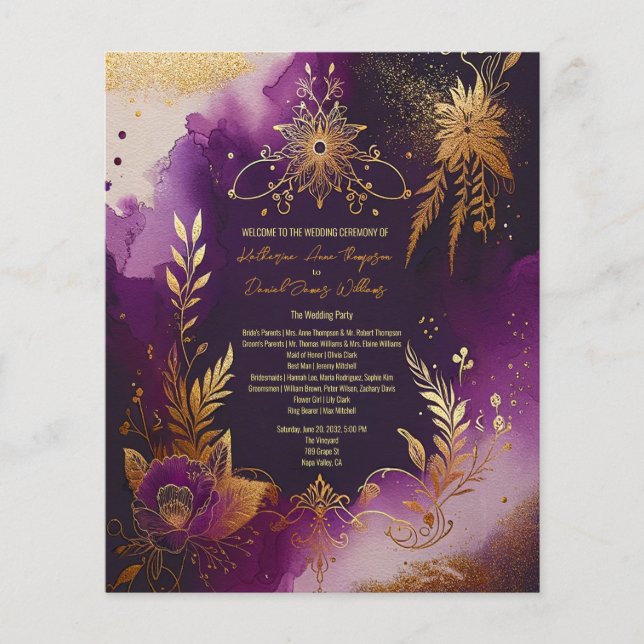 Pretty Watercolor Purple and Gold Wedding Program (Front)