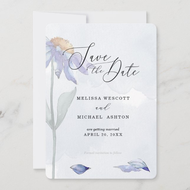 Pretty Watercolor Purple Blue Daisy Wedding Save The Date (Front)