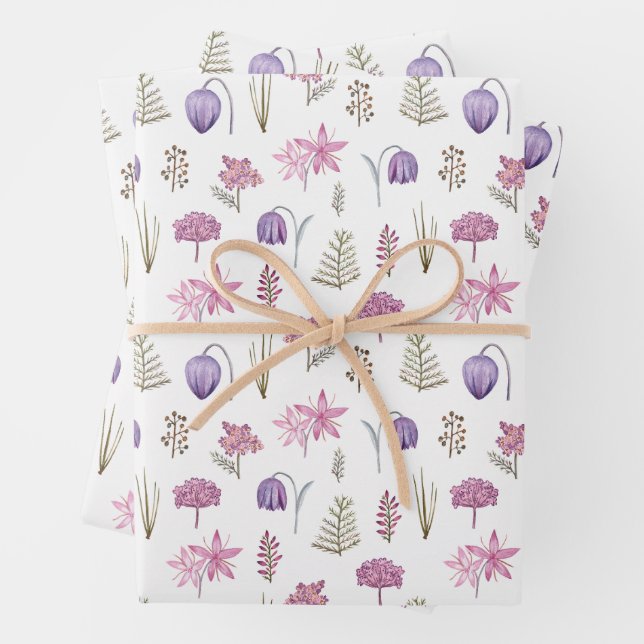 Pretty Watercolor Purple Wildflower Birthday Party Wrapping Paper Sheet (In situ)
