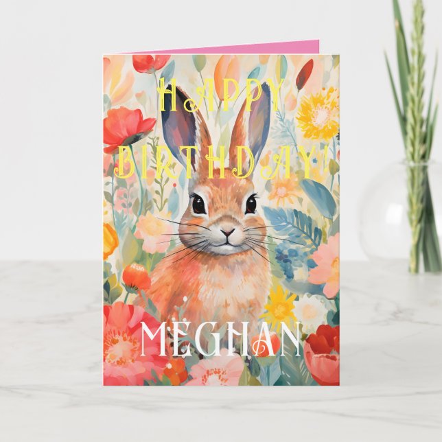 Pretty Watercolor Rabbit Happy Birthday Card (Front)