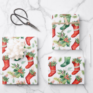 Pretty Watercolor Red and Green Stockings Wrapping Paper Sheet