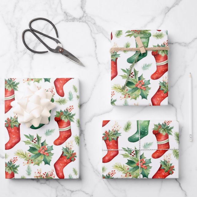 Pretty Watercolor Red and Green Stockings Wrapping Paper Sheet (Front)