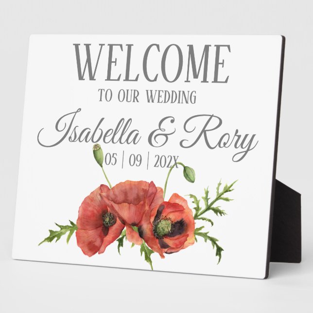 Pretty Watercolor Red Poppies Wedding Welcome  Plaque (Side)