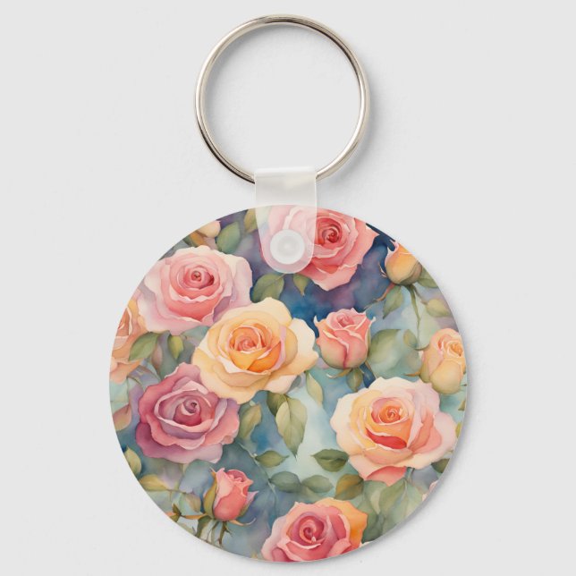 Pretty Watercolor Roses Floral Design Key Ring (Front)