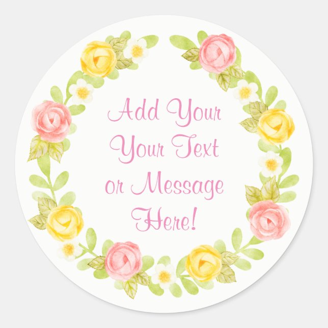 Pretty Watercolor Roses Wreath Personalise Classic Round Sticker (Front)