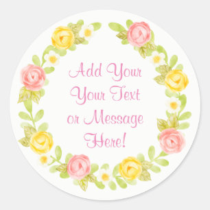 Pretty Watercolor Roses Wreath Personalise Classic Round Sticker