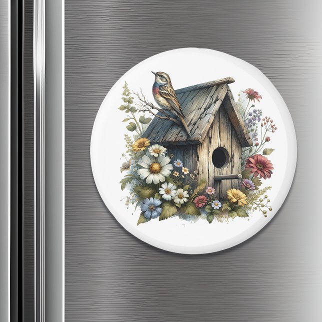 Pretty Watercolor Rustic Birdhouse and Bird Magnet (Creator Uploaded)