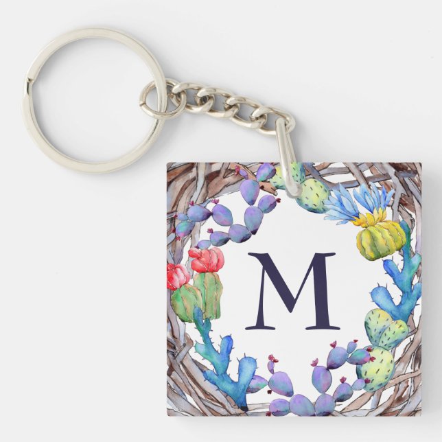 Pretty Watercolor Rustic Cactus Monogram Key Ring (Front)