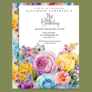 Pretty Watercolor Spring Floral 21st Birthday Invitation