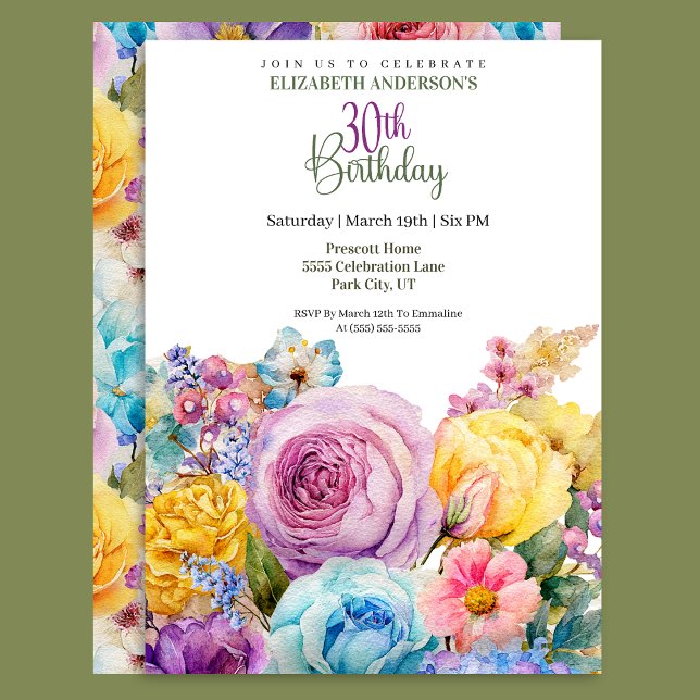 Pretty Watercolor Spring Floral 30th Birthday Invitation (Creator Uploaded)