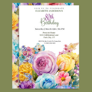 Pretty Watercolor Spring Floral 80th Birthday Invitation