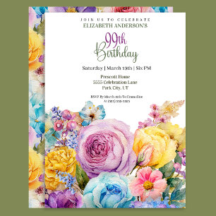 Pretty Watercolor Spring Floral 99th Birthday Invitation