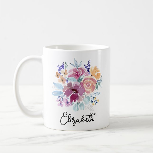 Pretty Watercolor Spring Floral Posy Monogram Coffee Mug (Left)