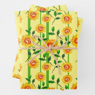 Pretty Watercolor Sunflowers Leaves Stalks Gift Wrapping Paper Sheet