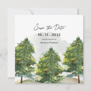 Pretty Watercolor Trees Landscape Monogram Wedding Announcement