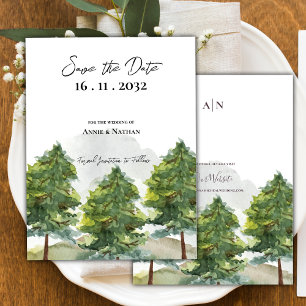 Pretty Watercolor Trees Landscape Monogram Wedding Announcement Postcard