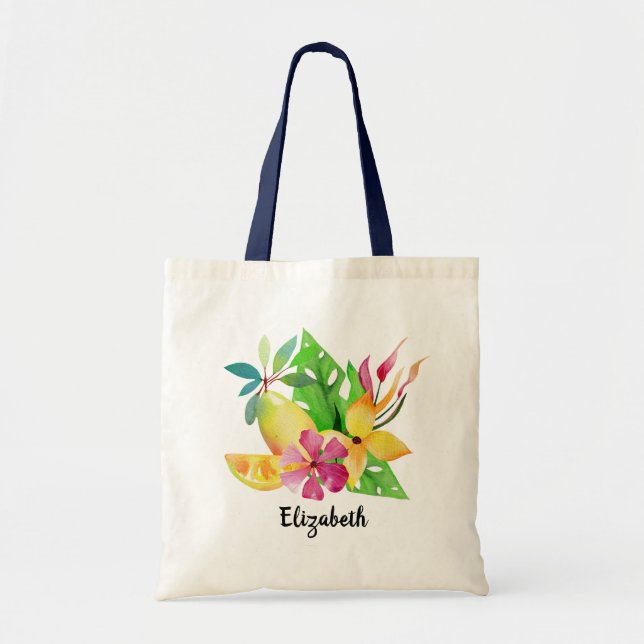 Pretty Watercolor Tropical Flowers Personalised Tote Bag (Front)
