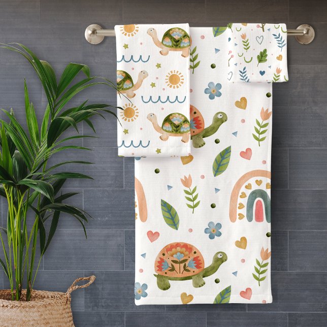 Pretty Watercolor Turtle and Rainbow Pattern Bath Towel Set (Creator Uploaded)