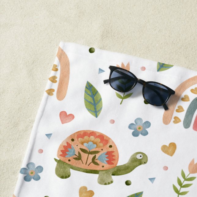 Pretty Watercolor Turtle and Rainbow Pattern Beach Towel (In Situ)