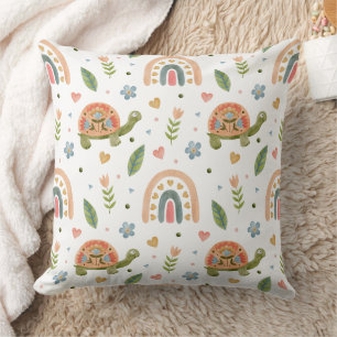 Pretty Watercolor Turtle and Rainbow Pattern Cushion