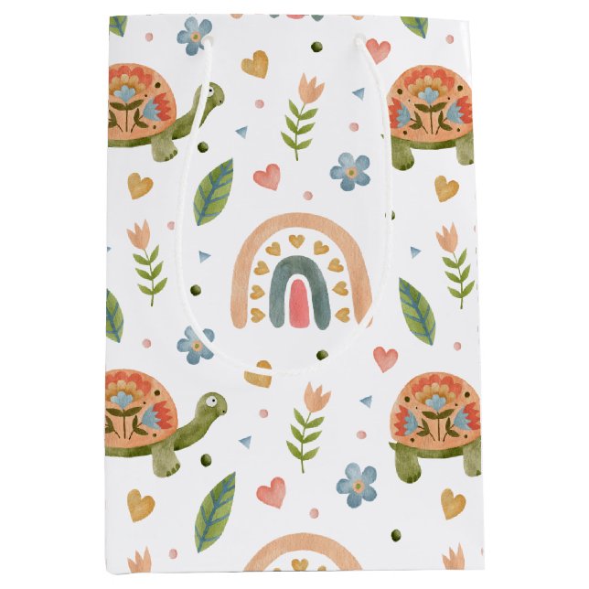 Pretty Watercolor Turtle and Rainbow Pattern Medium Gift Bag (Front)