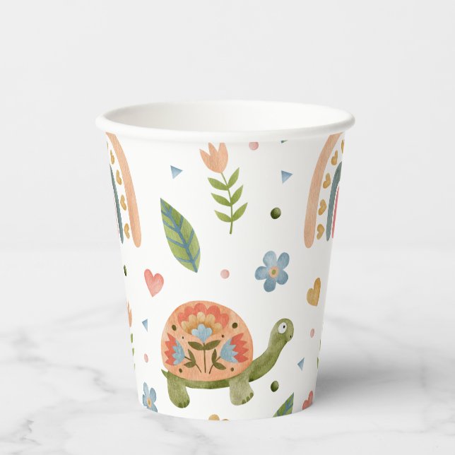 Pretty Watercolor Turtle and Rainbow Pattern Paper Cups (Front)