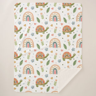 Pretty Watercolor Turtle and Rainbow Pattern Sherpa Blanket