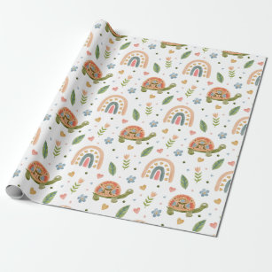 Pretty Watercolor Turtle and Rainbow Pattern Wrapping Paper
