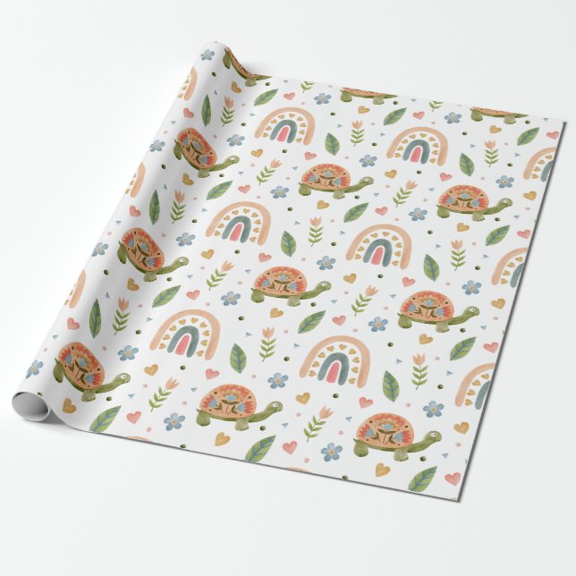 Pretty Watercolor Turtle and Rainbow Pattern Wrapping Paper (Unrolled)