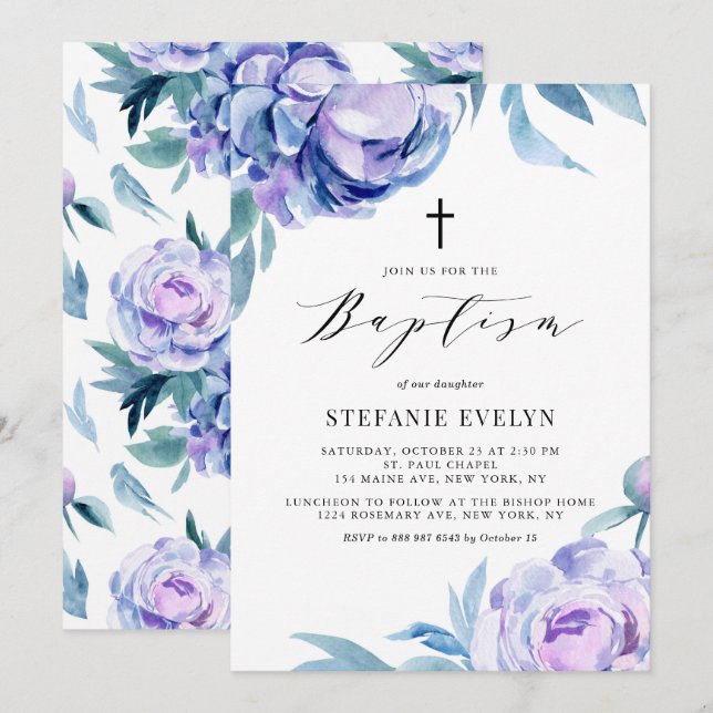 Pretty Watercolor Violet Peony Flowers Baptism Invitation (Front/Back)