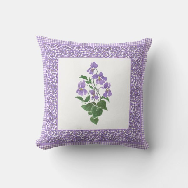 Pretty Watercolor Violets and Check Gingham Border Cushion (Front)