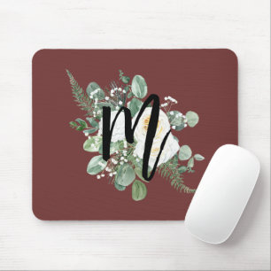 Pretty watercolor white flowers Monogram Burgundy Mouse Mat