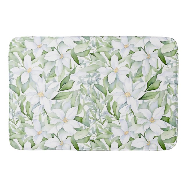Pretty Watercolor White Flowers Sage Green Foliage Bath Mat (Front)