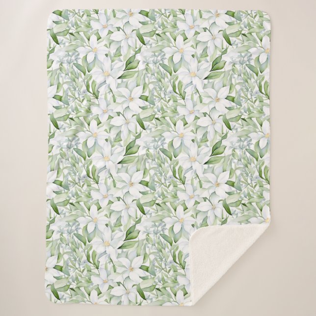 Pretty Watercolor White Flowers Sage Green Foliage Sherpa Blanket (Front)