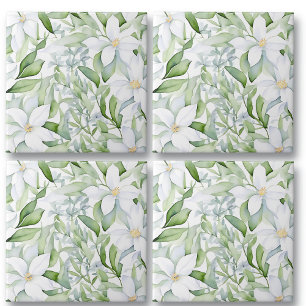 Pretty Watercolor White Flowers Sage Green Foliage Tile