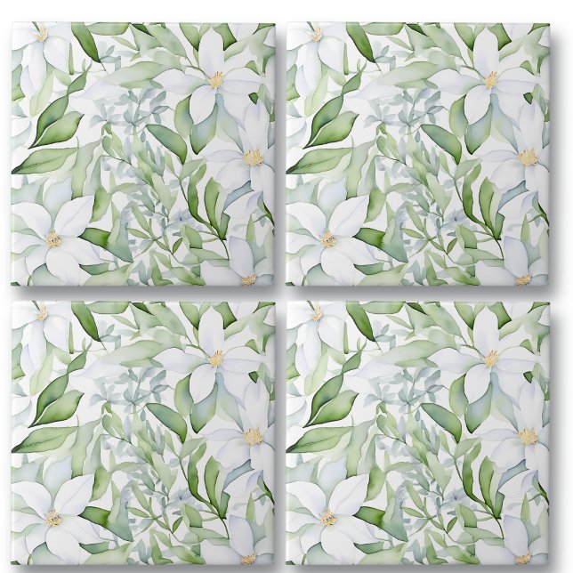 Pretty Watercolor White Flowers Sage Green Foliage Tile (Creator Uploaded)