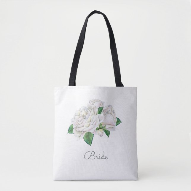 Pretty Watercolor White Roses Tote Bag (Front)