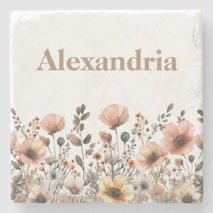 Pretty Watercolor Wildflower Neutral and Pink Stone Coaster
