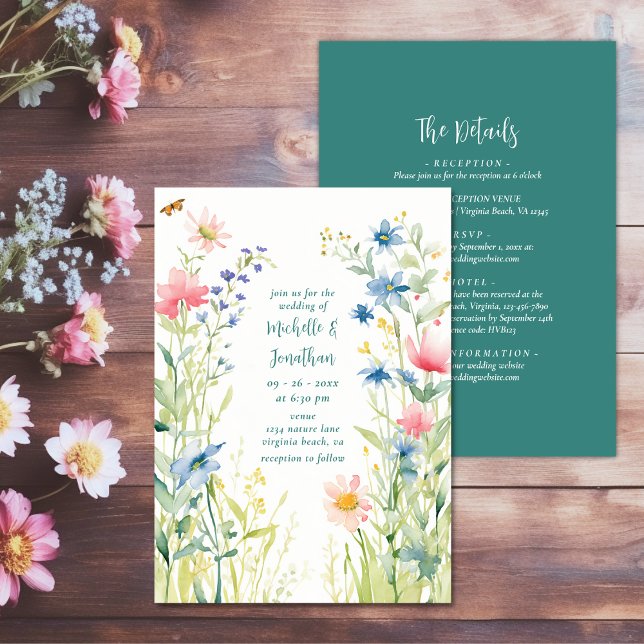 Pretty Watercolor Wildflowers All in One Wedding Invitation (Pretty Watercolor Wildflowers All in One Wedding Invitation)