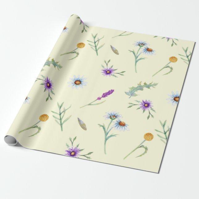 Pretty Watercolor Wildflowers Floral Wrapping Paper (Unrolled)