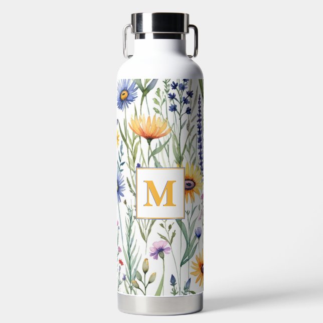 Pretty Watercolor Wildflowers Monogrammed Floral Water Bottle (Front)