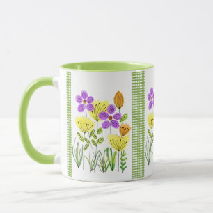 Pretty Watercolor Wildflowers with Green Gingham Mug
