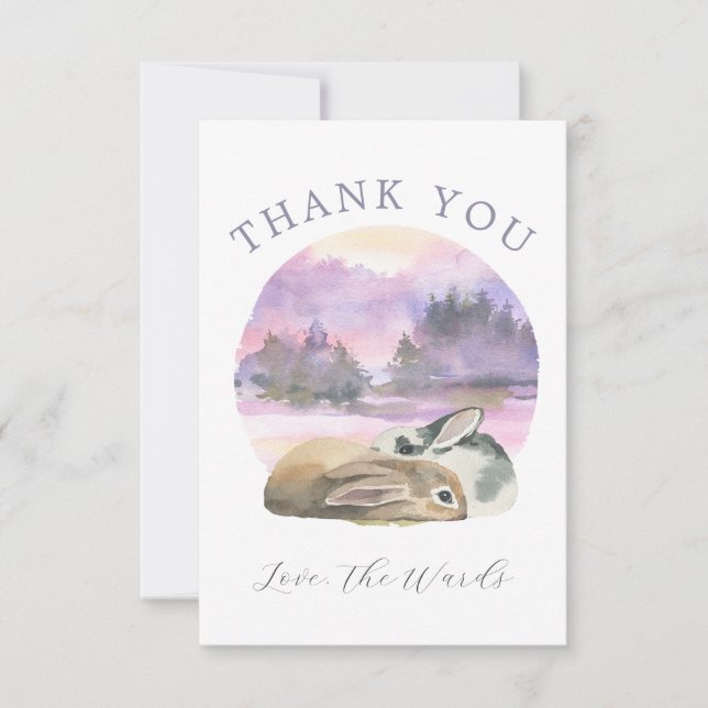 Pretty Watercolored Pair of Rabbits Thank You Card (Front)