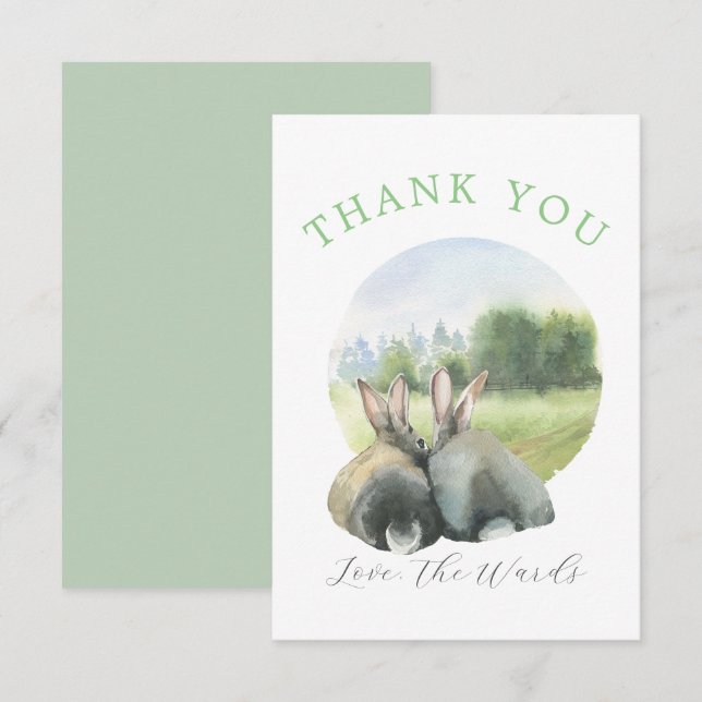 Pretty Watercolored Pair of Rabbits Thank You Card (Front/Back)